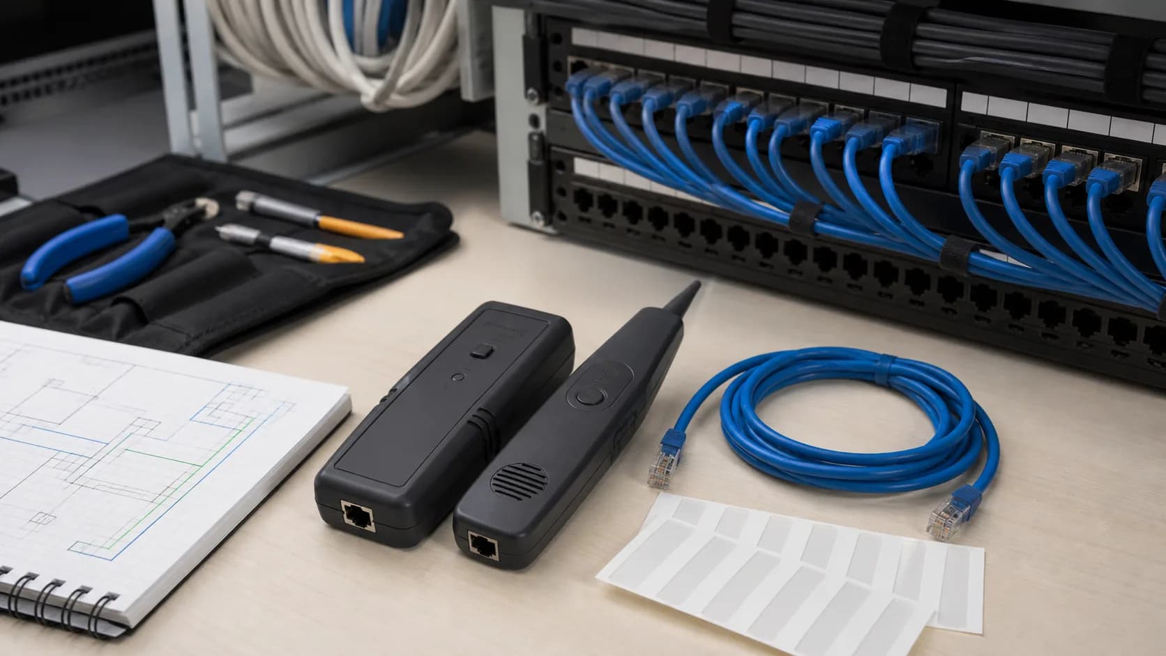 Editorial structured-cabling workspace representing cable tracing and labeling