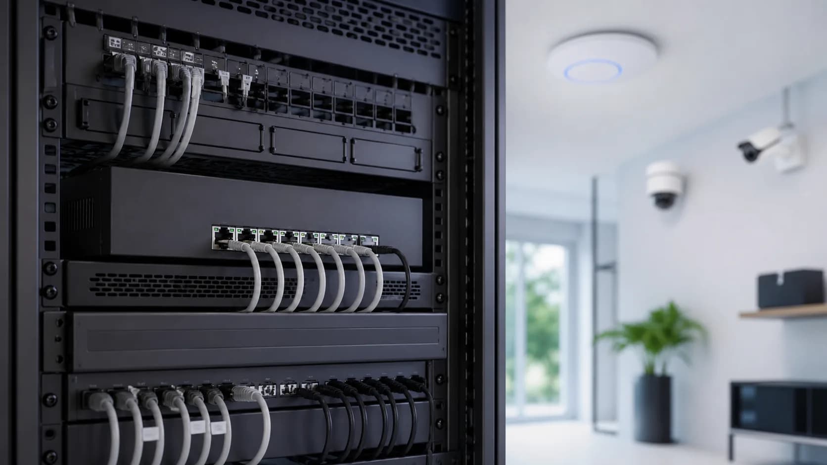 Editorial network rack scene representing a multi-gig PoE switch installation