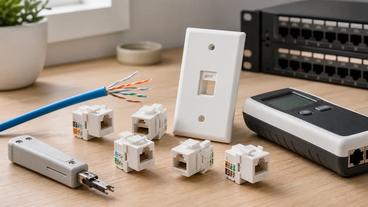 Editorial workbench scene with Ethernet keystone jacks, twisted-pair cable, wall plate, and punch-down tool