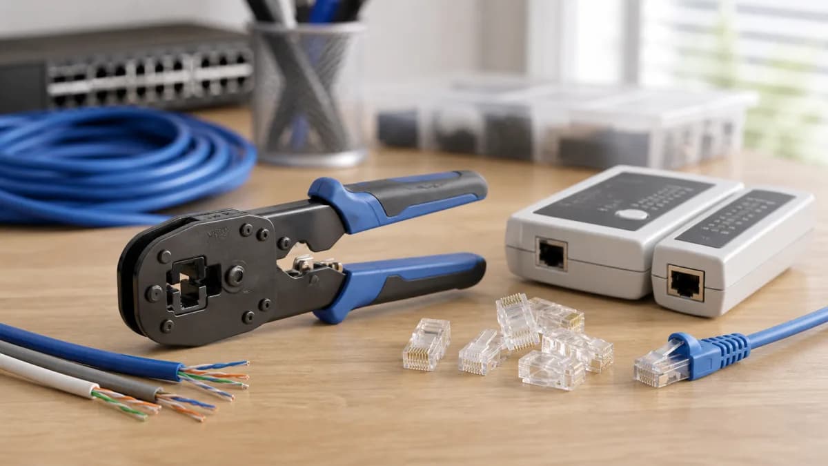 Editorial network bench with a pass-through RJ45 crimper, modular plugs, cable jacket, and wiremap tester