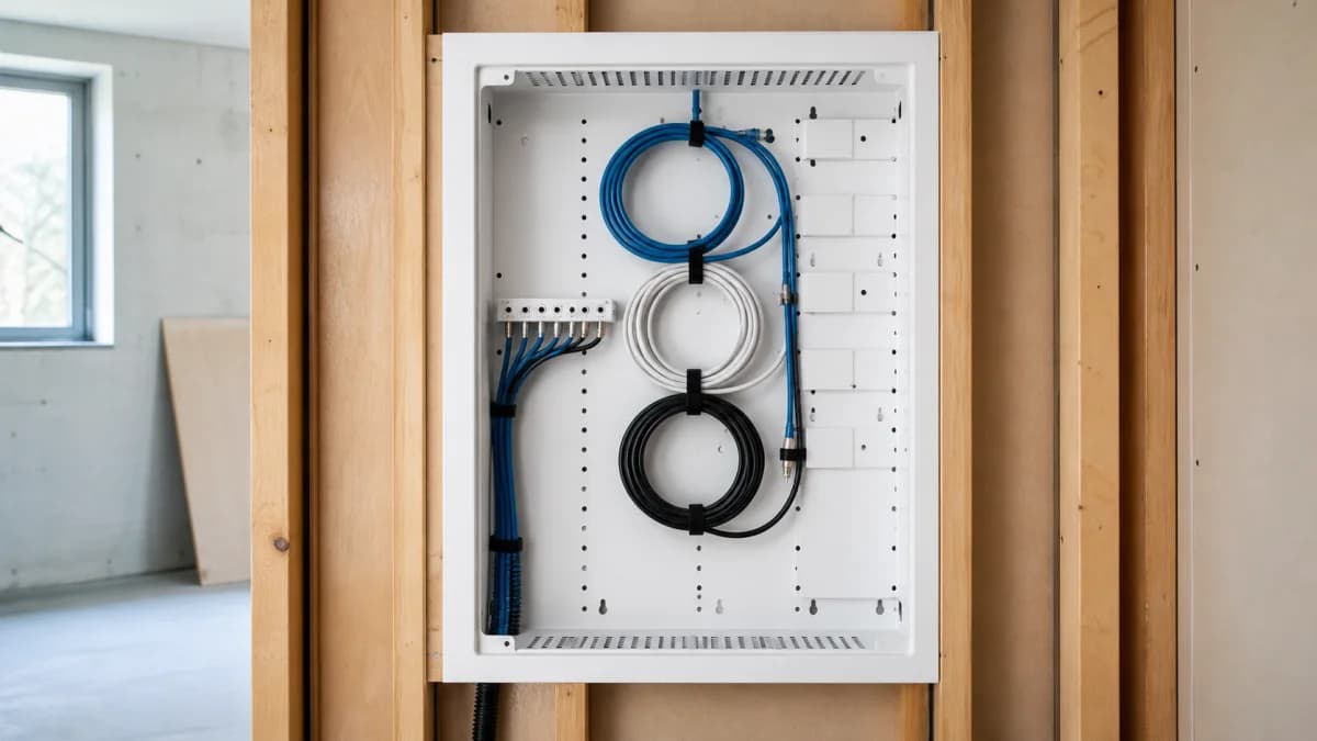Editorial open structured media enclosure with neatly routed Ethernet and coax service loops and spare mounting space