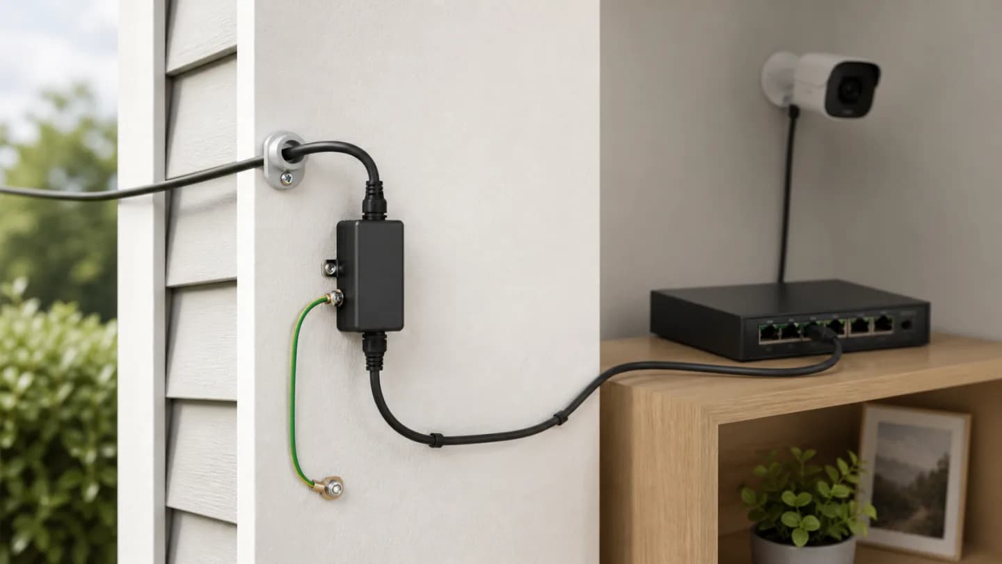 Editorial network entry point with an Ethernet surge protector, outdoor cable, grounding conductor, PoE camera, and indoor switch