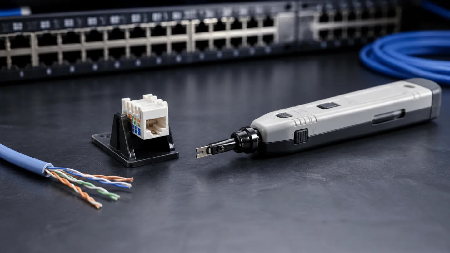 Editorial cabling workbench with an impact punch-down tool, reversible 110 blade, keystone jack, patch panel, and trimmed conductors
