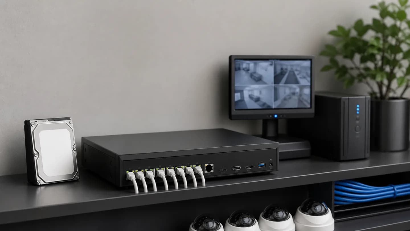 Editorial security rack with a PoE NVR, labeled camera ports, surveillance hard drive, monitor, UPS, and isolated network uplink