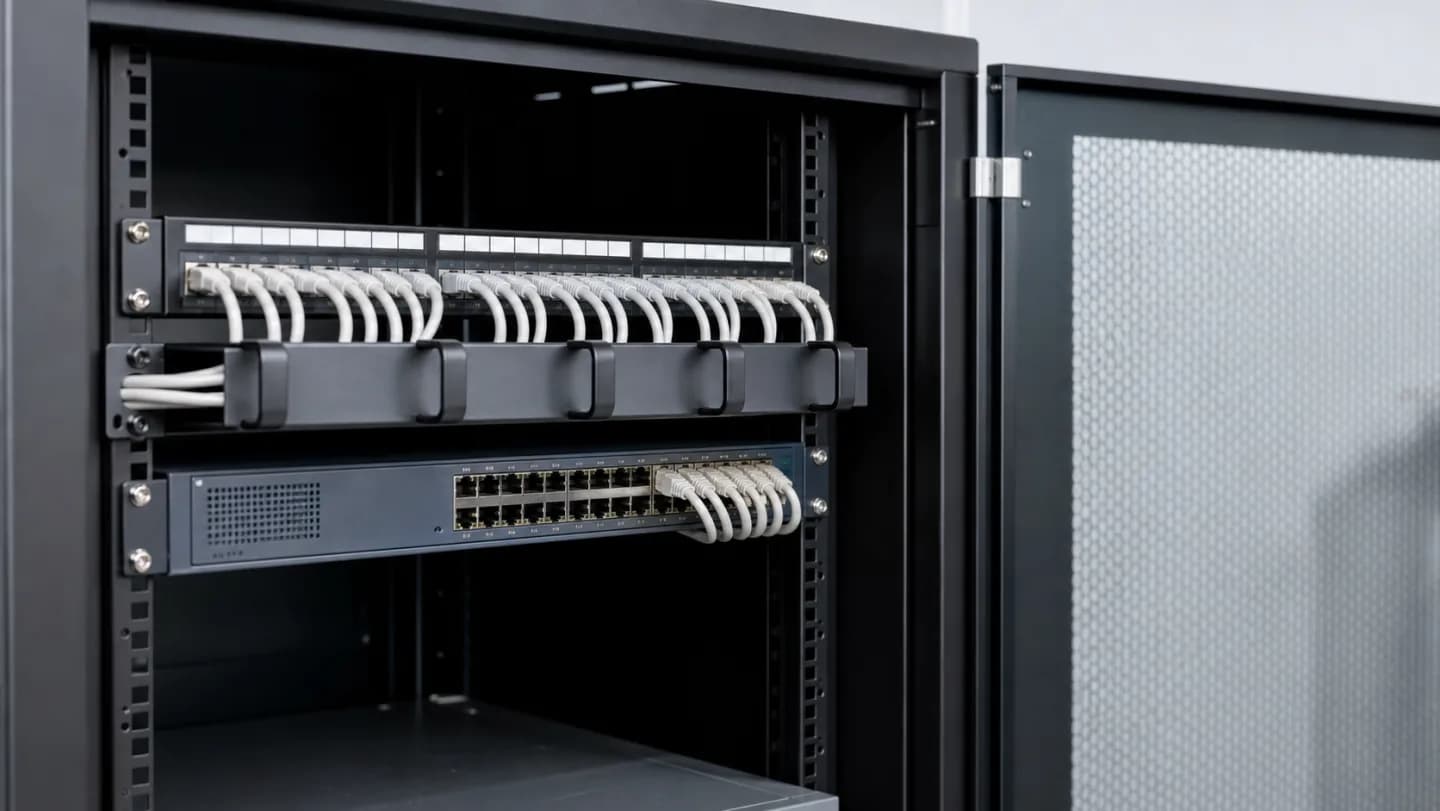 Editorial 19-inch network rack with a one-unit D-ring cable management panel, labeled patch cords, patch panel, and switch