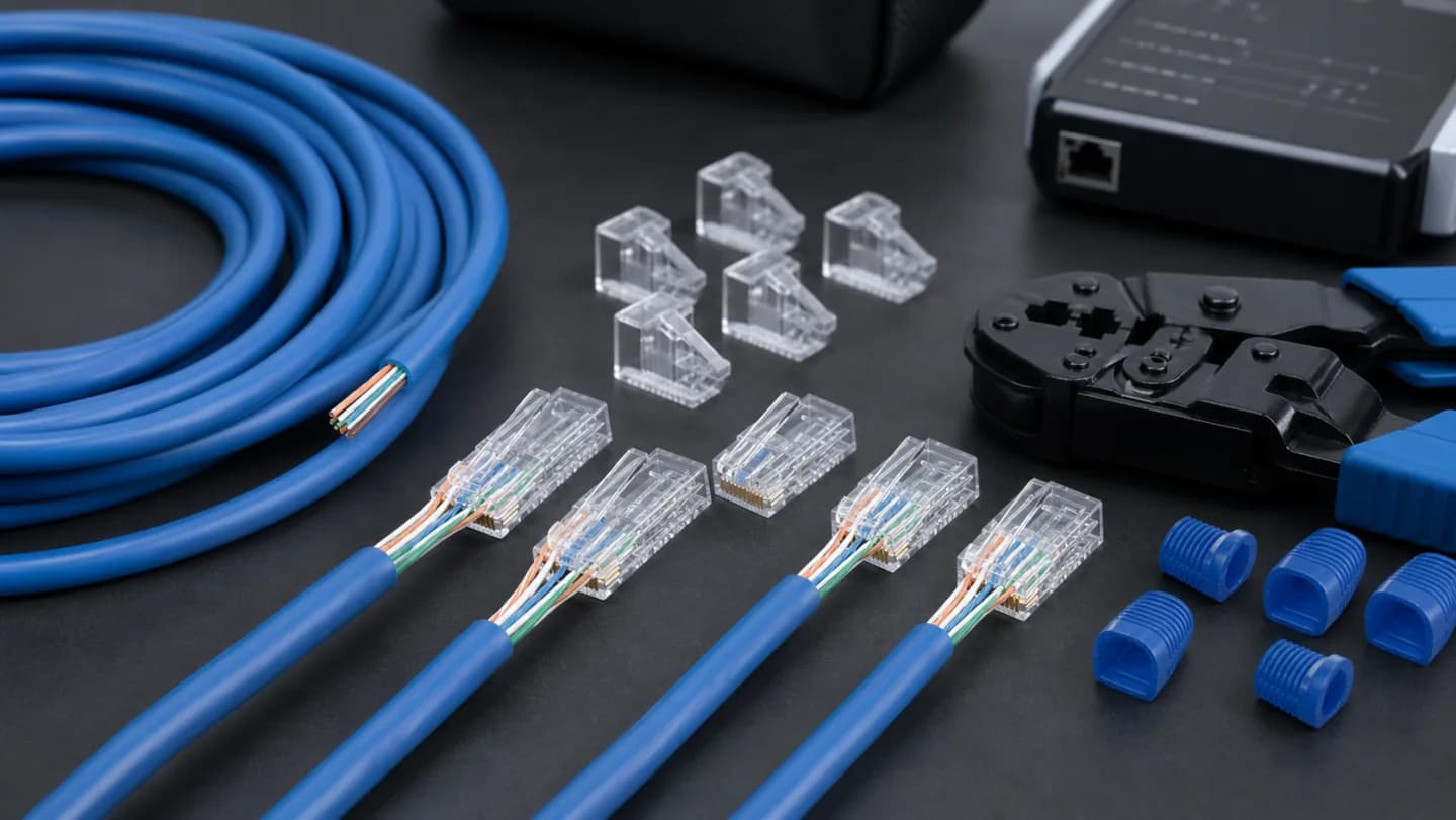 Editorial termination bench with RJ45 modular plugs, Cat6 cable, conductor gauge card, crimp tool, strain boots, and cable tester