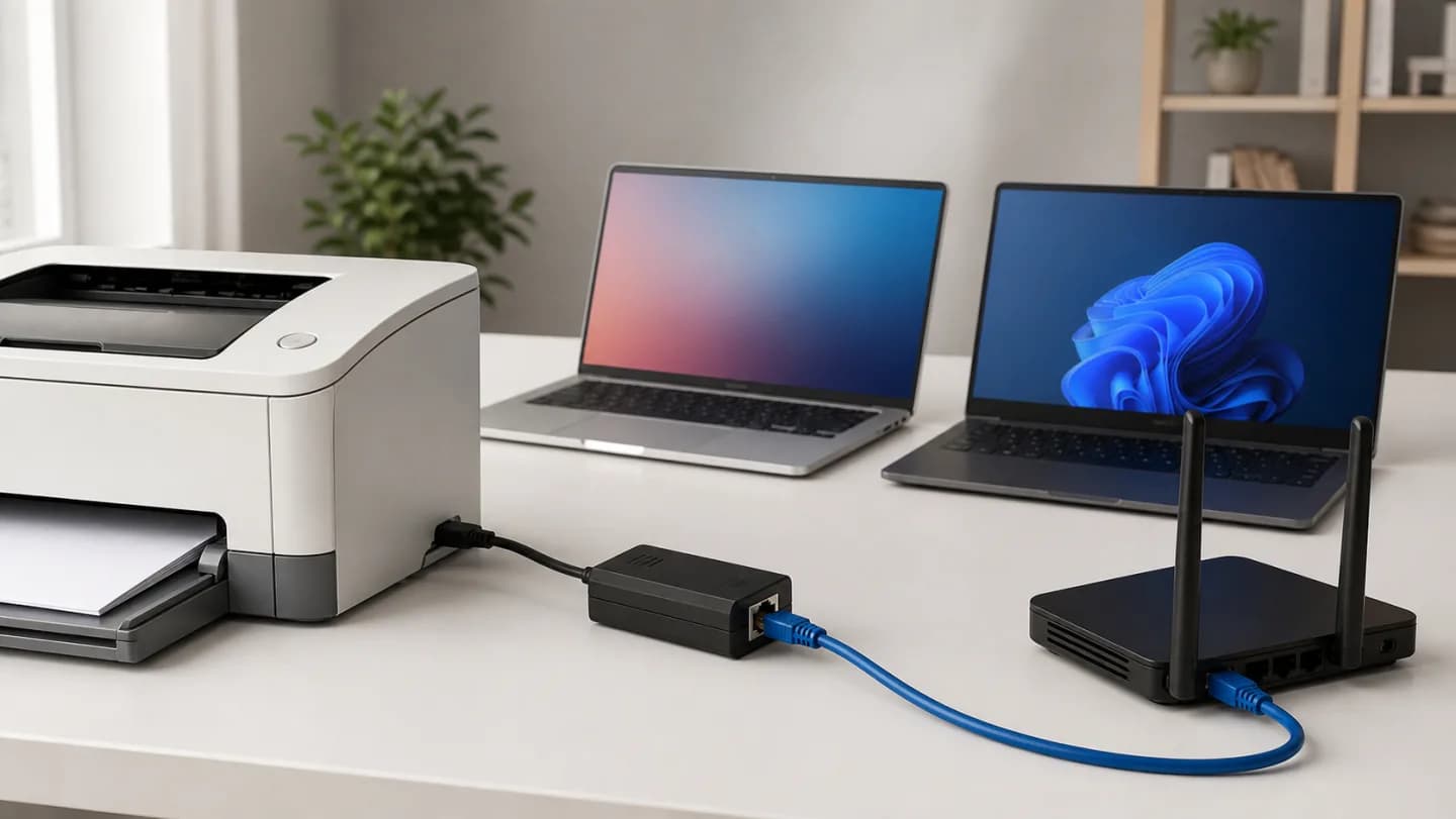 Editorial home network with a USB-only laser printer, compact Ethernet print server, router, and laptops using different operating systems