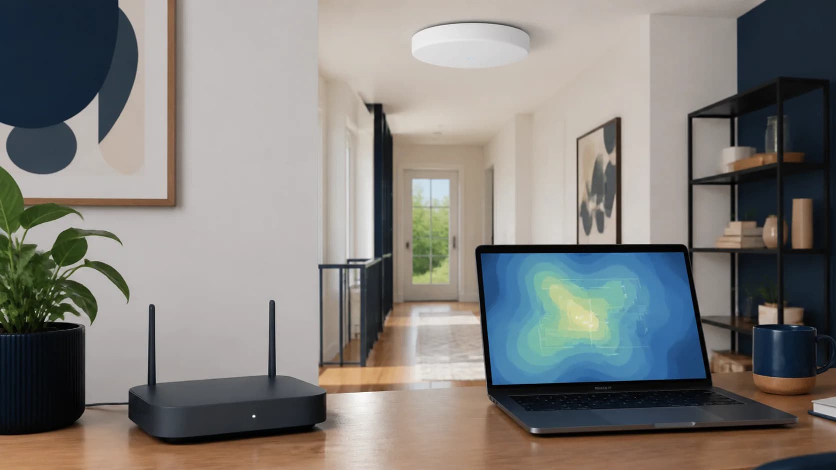 Original editorial scene with unbranded home Wi-Fi equipment and a measured coverage plan