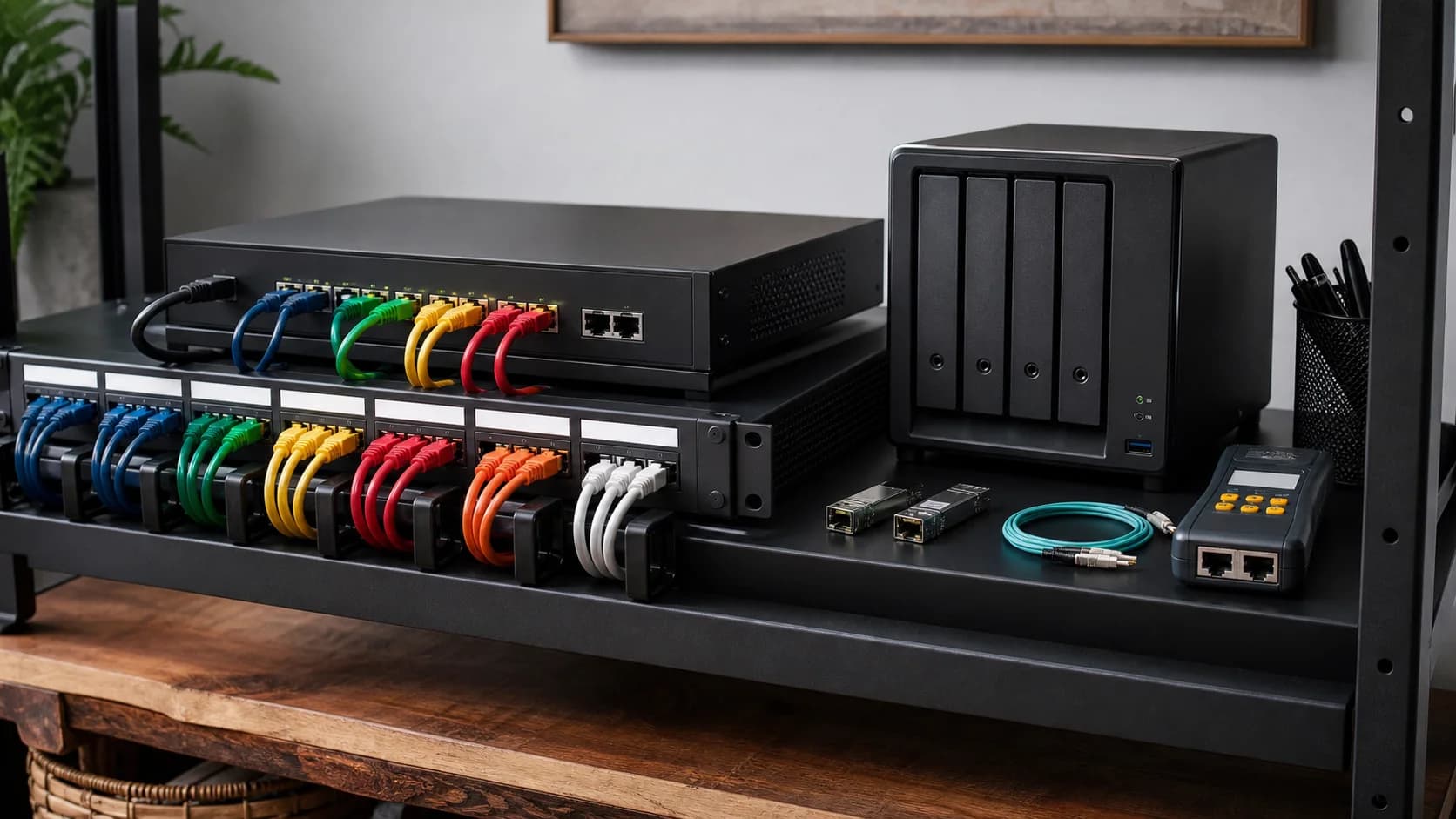 Original editorial scene with unbranded Ethernet switching, cabling, storage, and test equipment